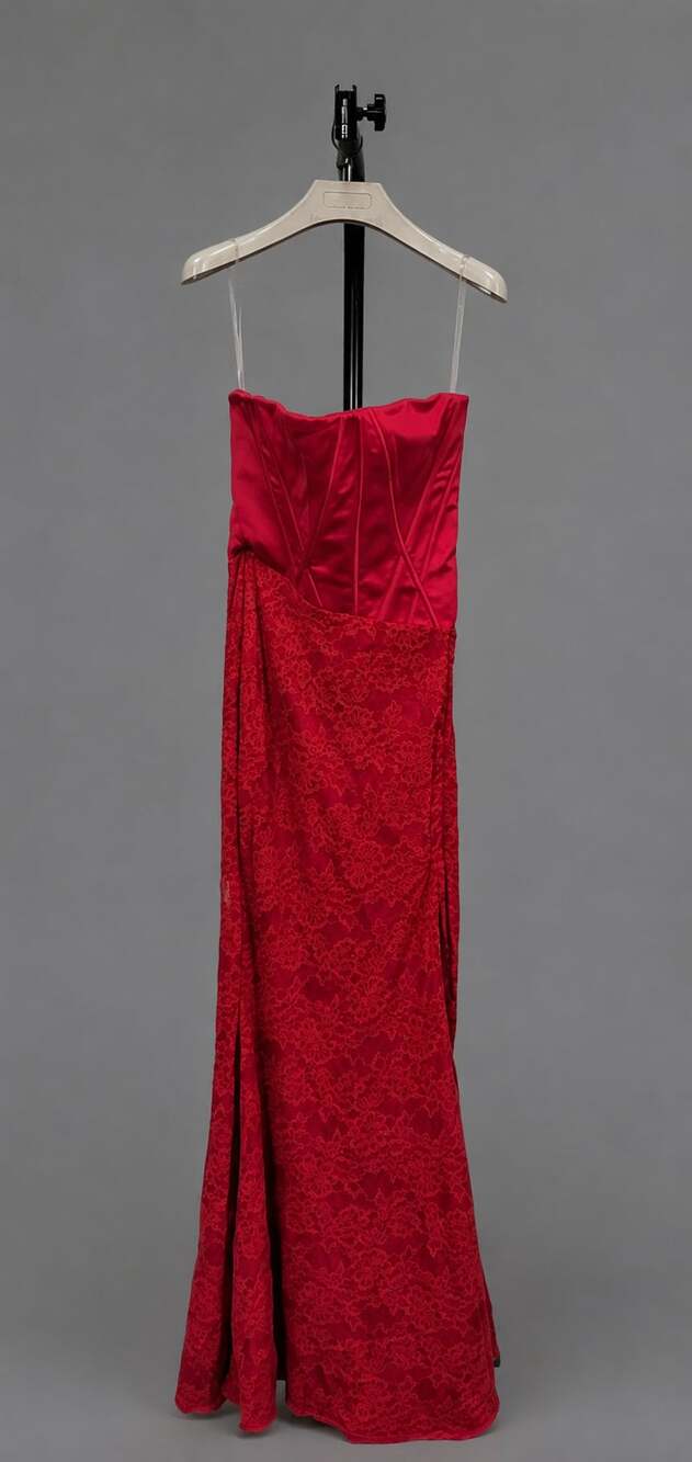 House of CB Valerie Red Satin and Lace Strapless Maxi Dress Size Small - Picture 2 of 4